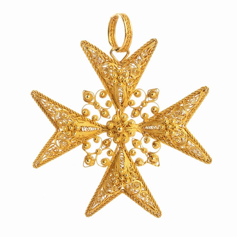 Pendente Croce di Malta, Filigrana e Micro Granulazione in Oro Giallo