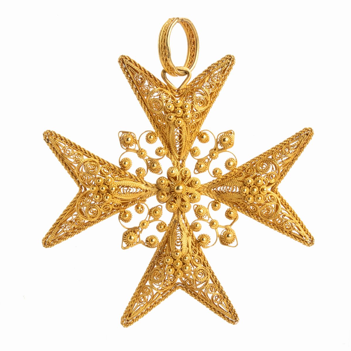 Pendente Croce di Malta, Filigrana e Micro Granulazione in Oro Giallo