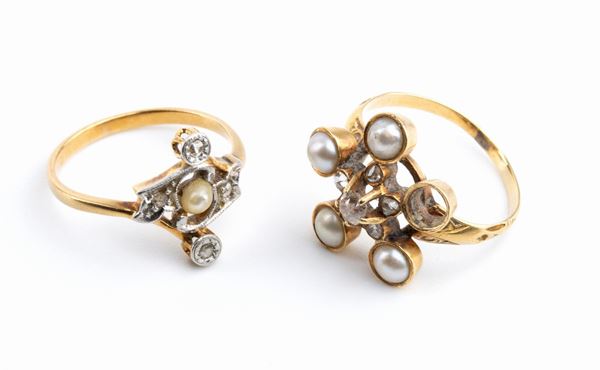 Lot of 2 gold rings, pearls, and diamonds