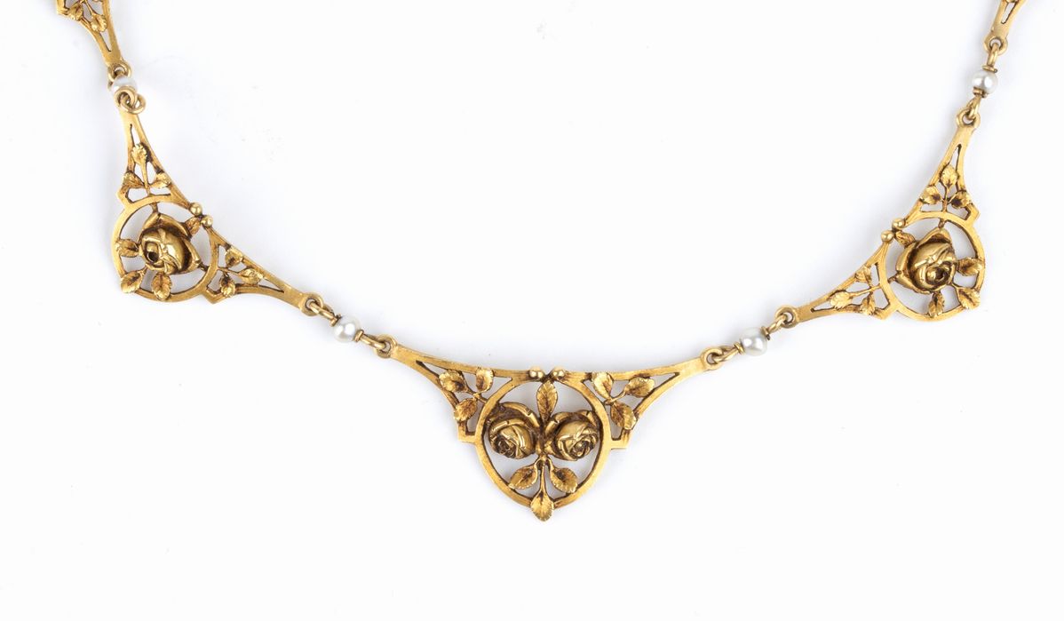 Girocollo Liberty in Oro con Perline e Motivi Floreali - Fine XIX Secolo
