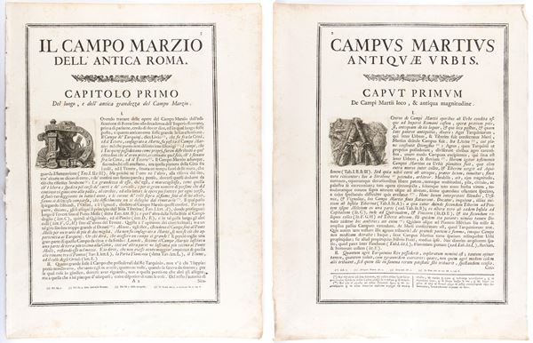 Giovanni Battista Piranesi : Lot of two tables (introductory texts) for Il Campo Marzio dell'antica Roma  - Auction Old Master and Modern Prints, Matrices, Maps, Photography - Bertolami Fine Art - Casa d'Aste