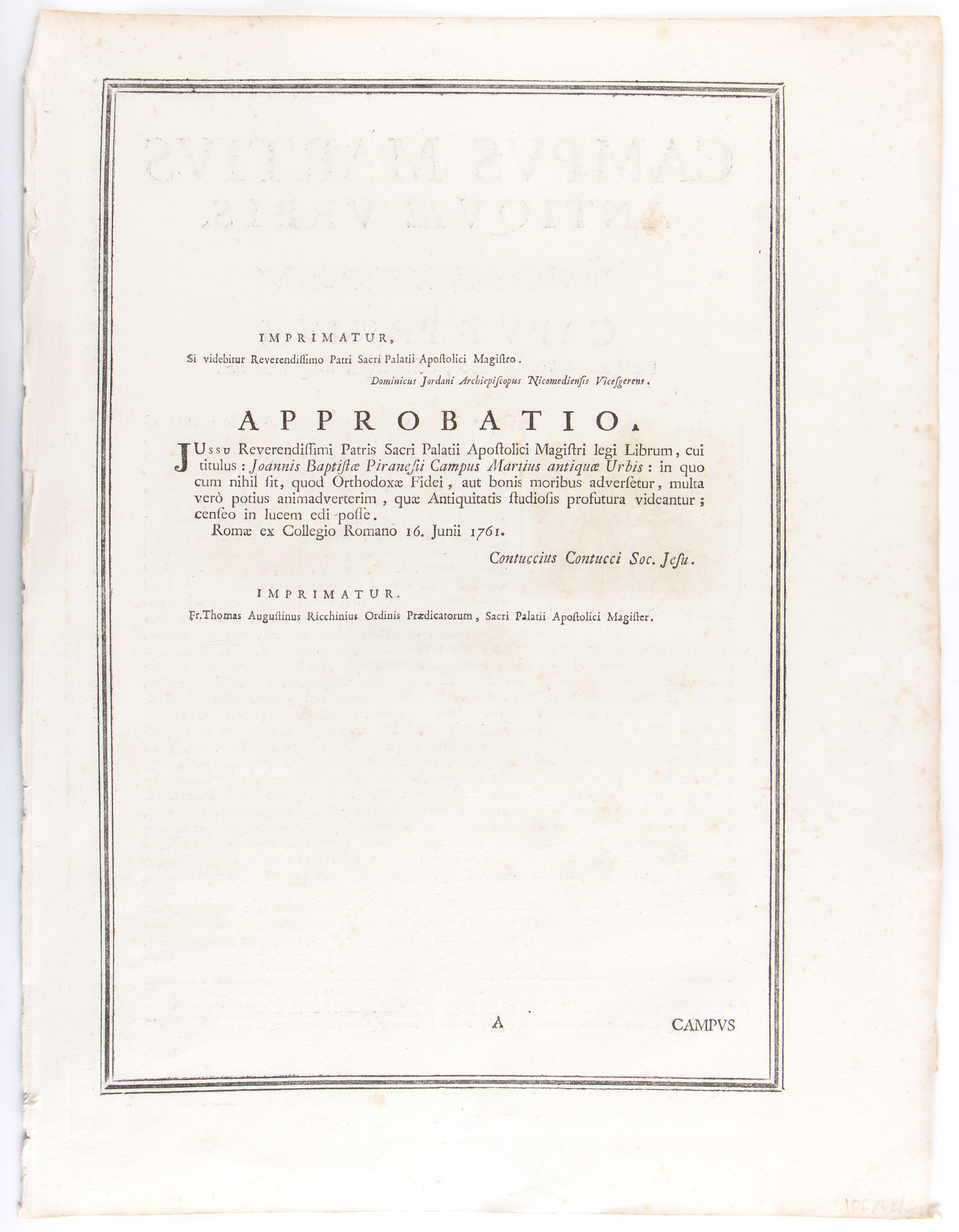 Giovanni Battista Piranesi - Lotto di Due Tavole (testi Introduttivi) per il Campo Marzio Dell'an...