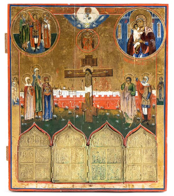 Russian icon with religious narratives and travel icon