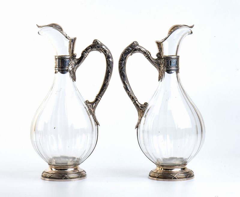 Coppia di Caraffe in Argento e Vetro Molato - Francia Inizio XX Secolo, Argentiere Amélie Cardeil...