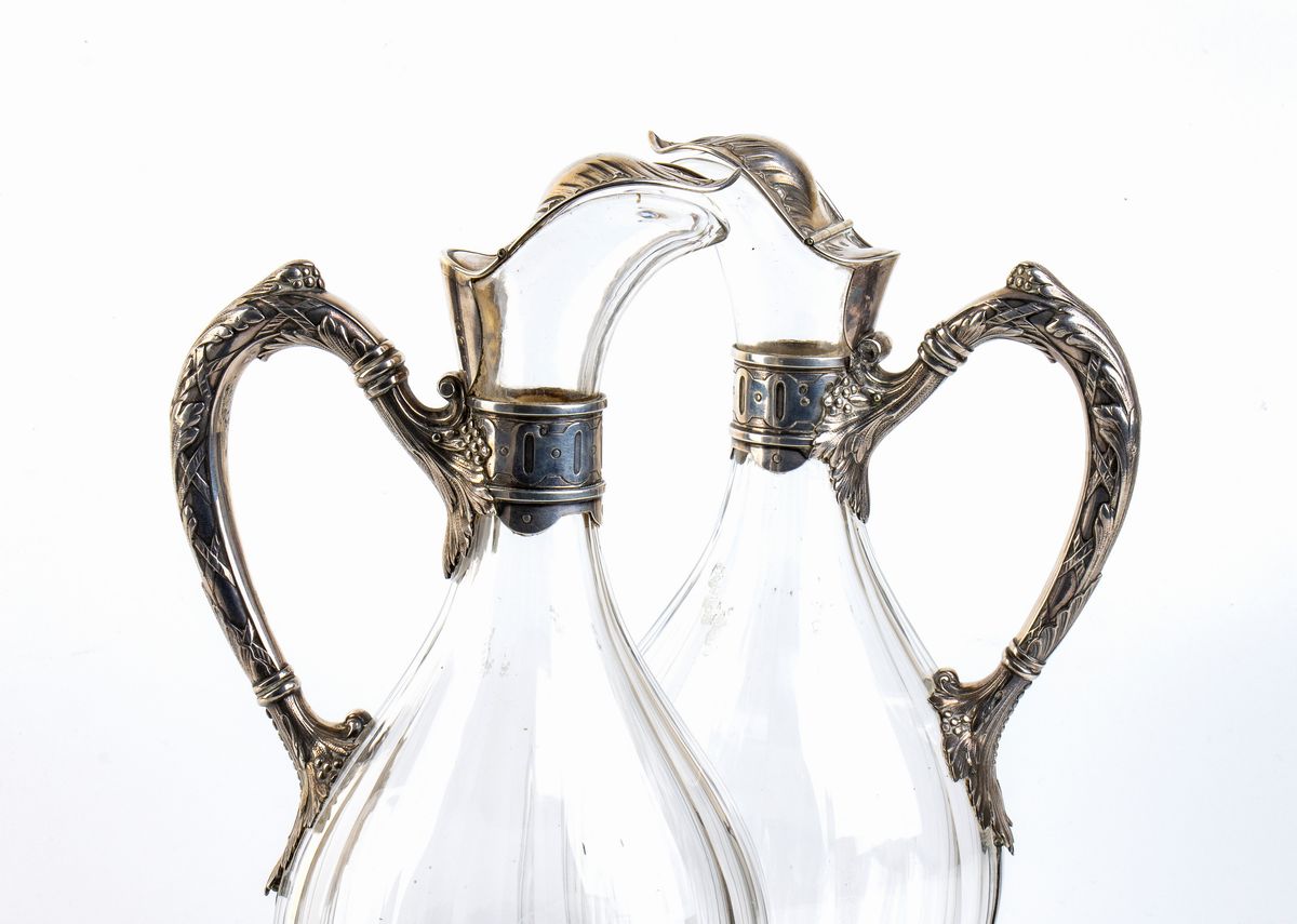 Coppia di Caraffe in Argento e Vetro Molato - Francia Inizio XX Secolo, Argentiere Amélie Cardeil...
