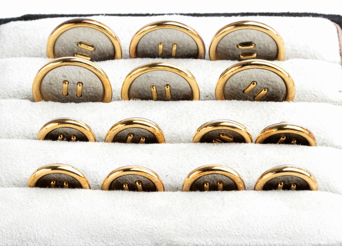 REPOSSI: set di 14 bottoni in acciaio ed oro