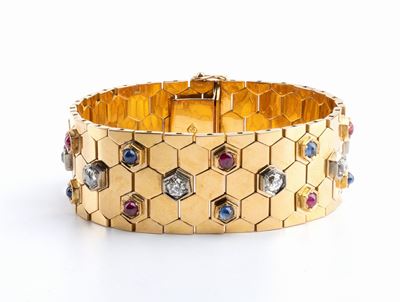 Bracciale Alveare in Oro con Diamanti, Zaffiri e Rubini - Anni '50