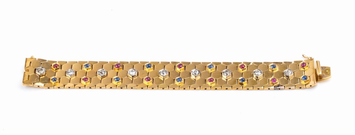 Bracciale Alveare in Oro con Diamanti, Zaffiri e Rubini - Anni '50