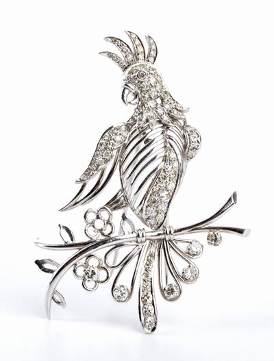 Spilla in Oro Bianco e Diamanti Raffigurante un Galletto