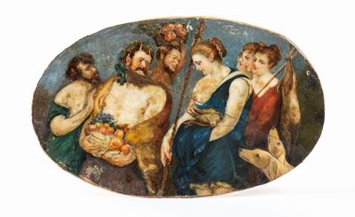 Placchetta in Avorio Dipinto Raffigurante Diana con Ninfe e Satiri