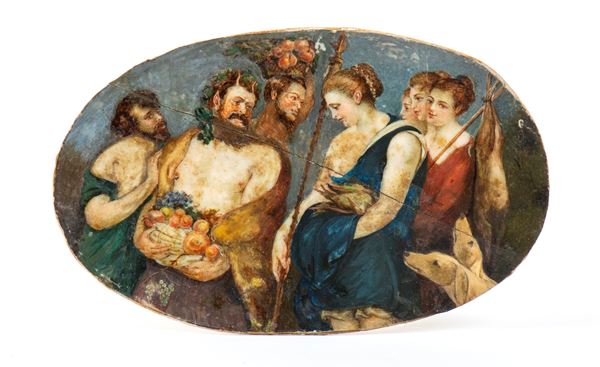 Placchetta in avorio dipinto raffigurante Diana con Ninfe e Satiri