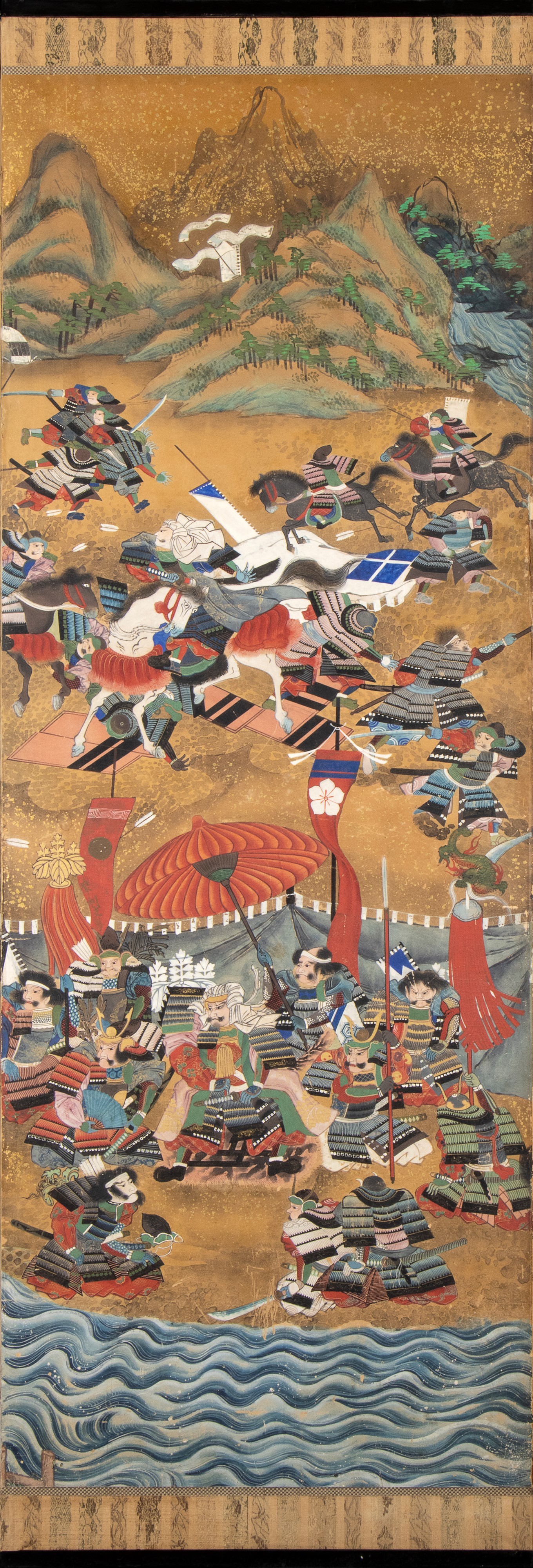 PARAVENTO A SEI ANTE DIPINTO A INCHIOSTRO, COLORI E ORO SU CARTA