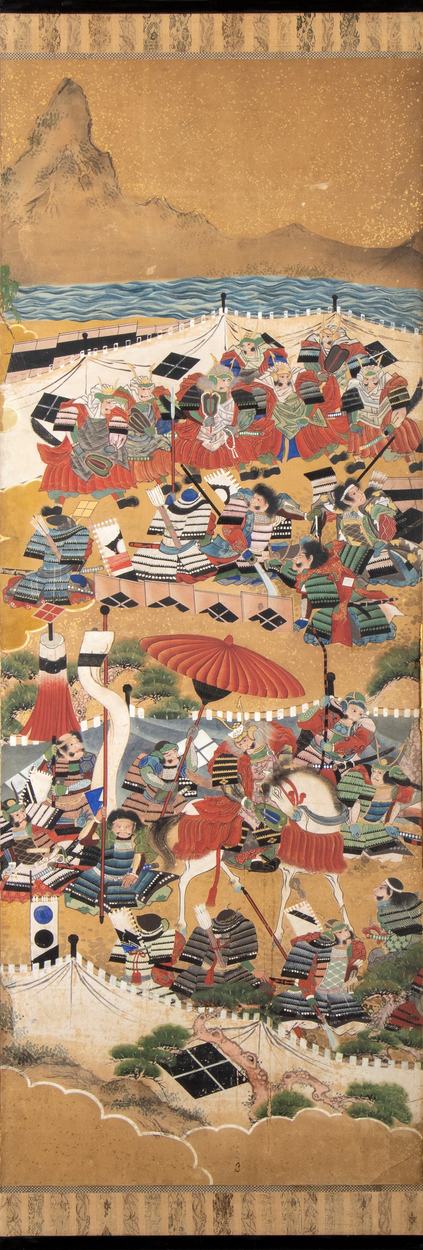 PARAVENTO A SEI ANTE DIPINTO A INCHIOSTRO, COLORI E ORO SU CARTA