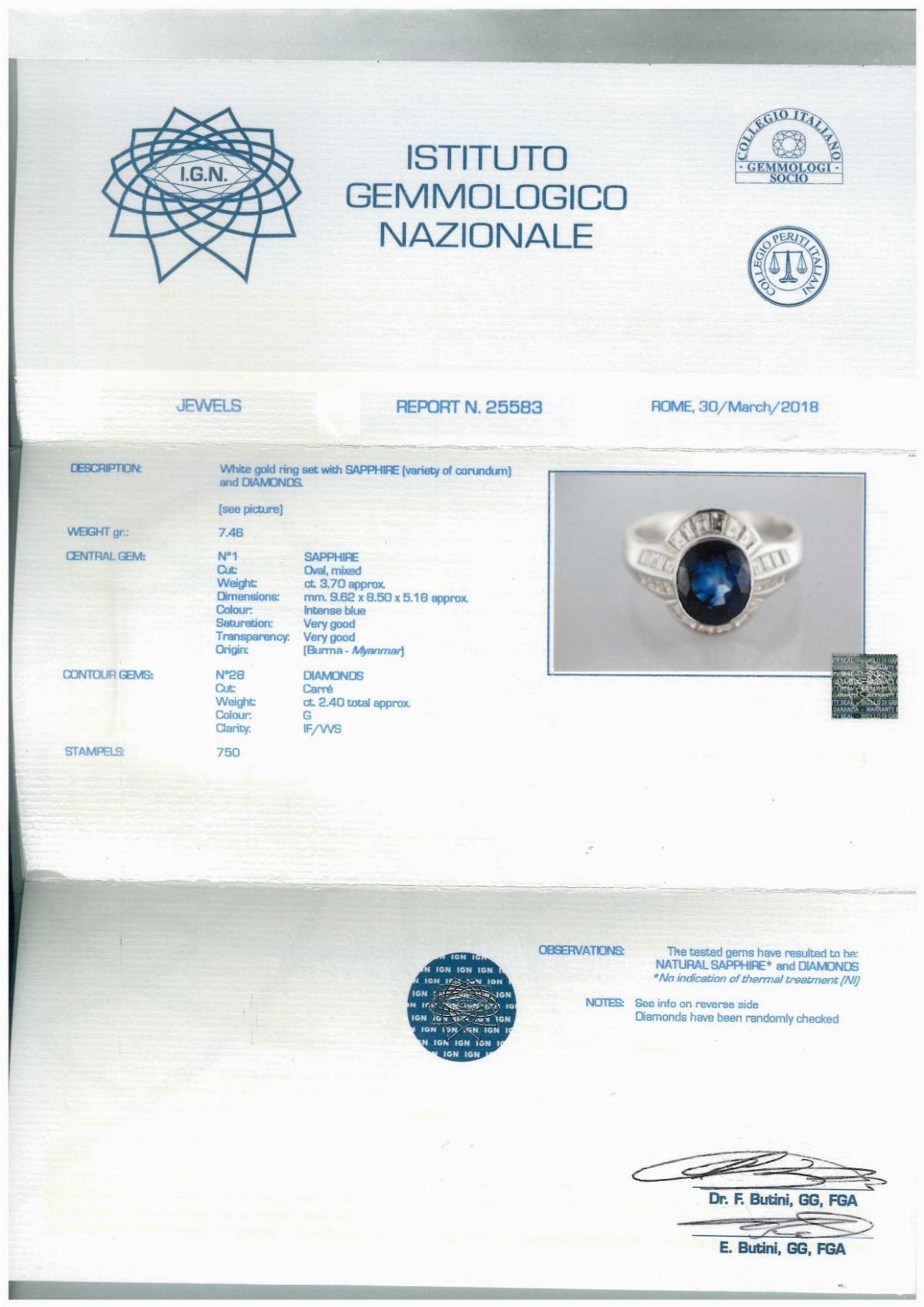 Anello in oro con diamanti e zaffiro Birmano circa 3.70 ct.