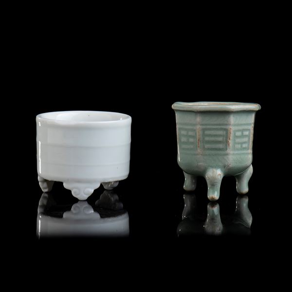 TWO SMALL GLAZED CERAMIC INCENSE BURNERS