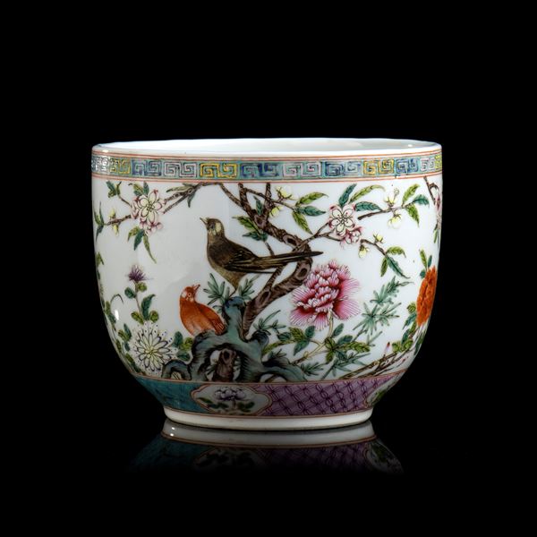 A POLYCHROME ENAMELLED PORCELAIN BASIN 