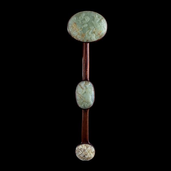 A CARVED JADE AND WOOD RUYI SCEPTER 