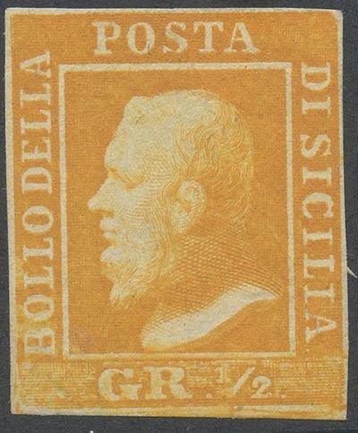 Francobollo del Regno d’Italia, Sicilia — 1/2 gr arancio, carta di Napoli, varietà ritocco