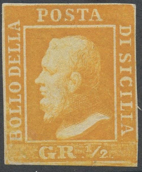 Francobollo del Regno d’Italia, Sicilia — 1/2 gr arancio, carta di Napoli, varietà ritocco