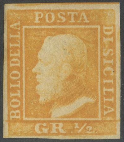 Oliva, Alberto Diena, Sicilia — 1/2 gr. arancio su carta di Palermo (linguellato), francobollo de...