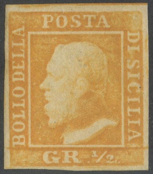 Oliva, Alberto Diena, Sicilia — 1/2 gr. arancio su carta di Palermo (linguellato), francobollo de...