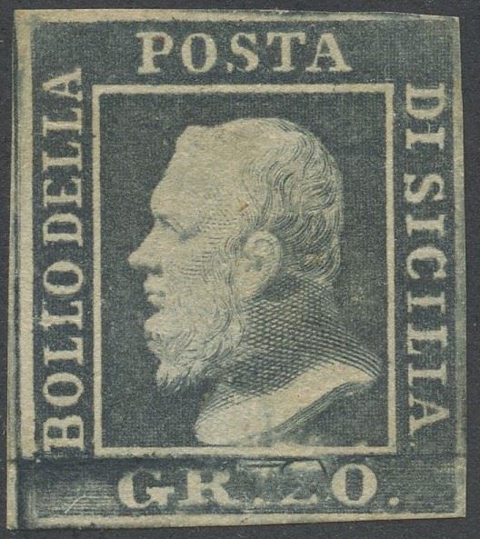 Emilio Diena, Sicilia, francobollo 20 gr. grigio ardesia (n. 13) – ritocco 72, 1859
