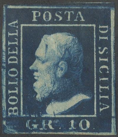 Vaccari, Sicilia (1859) — 10 gr. azzurro cupo, n. 12 con ritocco 91