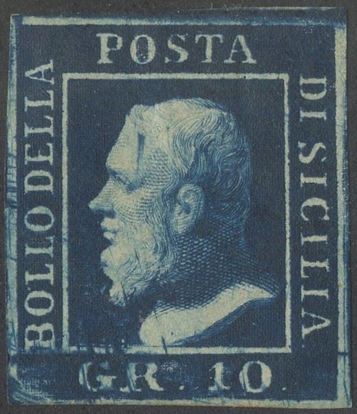 Vaccari, Sicilia (1859) — 10 gr. azzurro cupo, n. 12 con ritocco 91