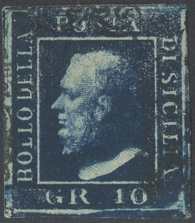 Emilio Diena, Alberto Diena, Sicilia, 1859, 10 gr azzurro cupo n. 12 con stampa secca