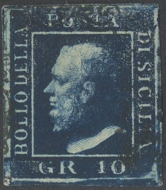 Emilio Diena, Alberto Diena, Sicilia, 1859, 10 gr azzurro cupo n. 12 con stampa secca