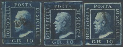 Alberto Diena, Sicilia — 10 gr, tre esemplari firmati (1859)