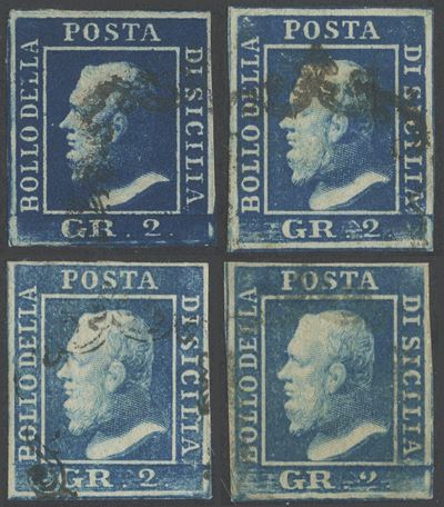 Sicilia, Insieme di 4 valori da 2 gr. in diverse tonalità, 1859