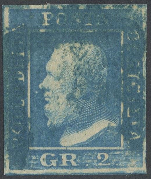Alberto Diena, Sicilia (1859) — 2 gr azzurro, II tavola su carta di Napoli, annullo "Ferro di Cav...