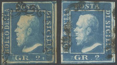 Alberto Diena e Oliva, Sicilia, 1859, 2 gr. cobalto (I e II tavola n. 6b e 7b)