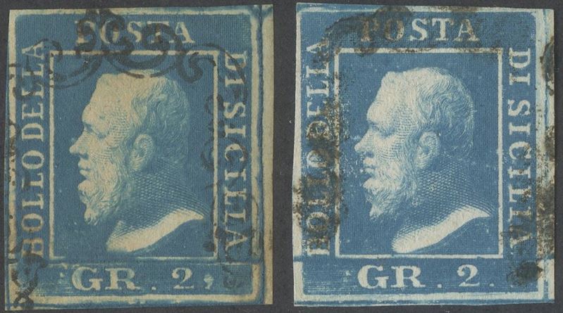 Alberto Diena e Oliva, Sicilia, 1859, 2 gr. cobalto (I e II tavola n. 6b e 7b)