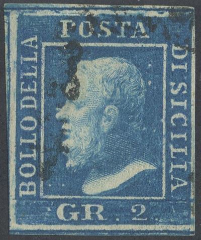 Sicilia, 2 gr. I tav. azzurro vivo n. 6f, RITOCCO 8, 1859
