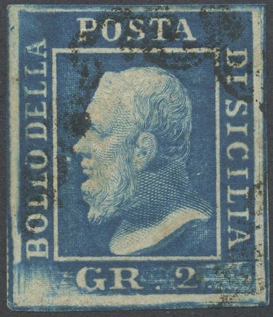 Alberto Diena, Sicilia, francobollo 2 gr azzurro vivo, n. 6f (1859)