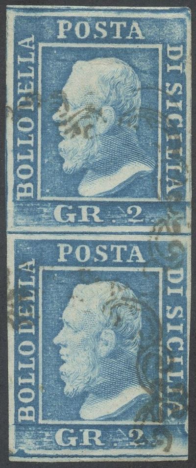 Sicilia, 2 gr. azzurro, I tav. n.6 in coppia verticale, 1859