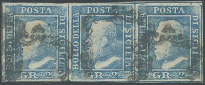 Emilio Diena, Sicilia, francobollo azzurro 2 gr. (II tav.) n. 6 in striscia orizzontale di tre pe...