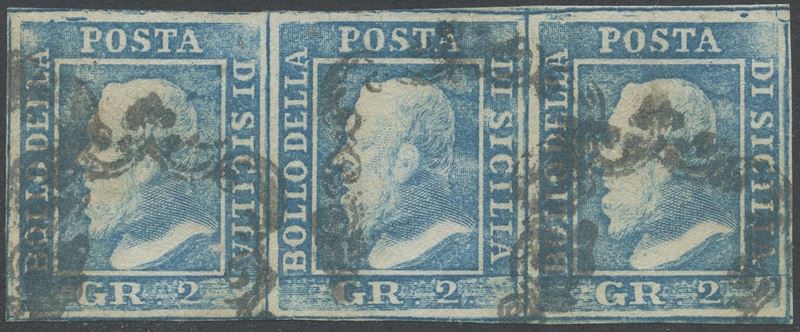Emilio Diena, Sicilia, francobollo azzurro 2 gr. (II tav.) n. 6 in striscia orizzontale di tre pe...