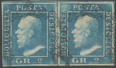 Alberto Diena, Sicilia – coppia orizzontale, 2 gr. (carta al cobalto), 6b, 1859