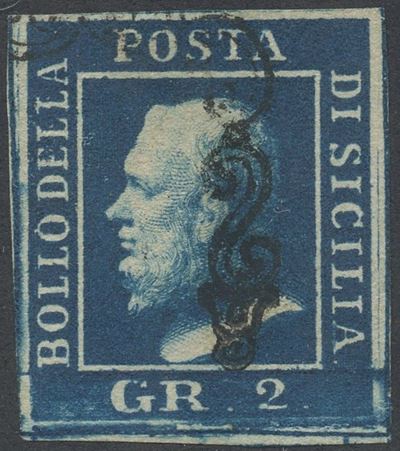 Alberto Diena, Sicilia, 2 gr. azzurro scurissimo (n. 8a), francobollo (1859)