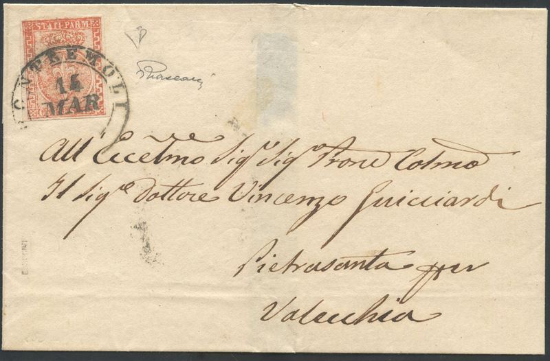 Vaccari Enrico Diena (attrib.), Ducato di Parma, lettera affrancata con francobollo 15 cent. verm...