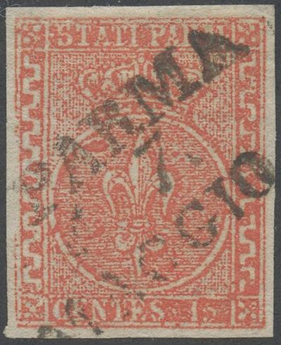 Ducato di Parma, 15 centesimi vermiglio (greca sinistra larga n. 7c), certificazione En. Diena, 1...