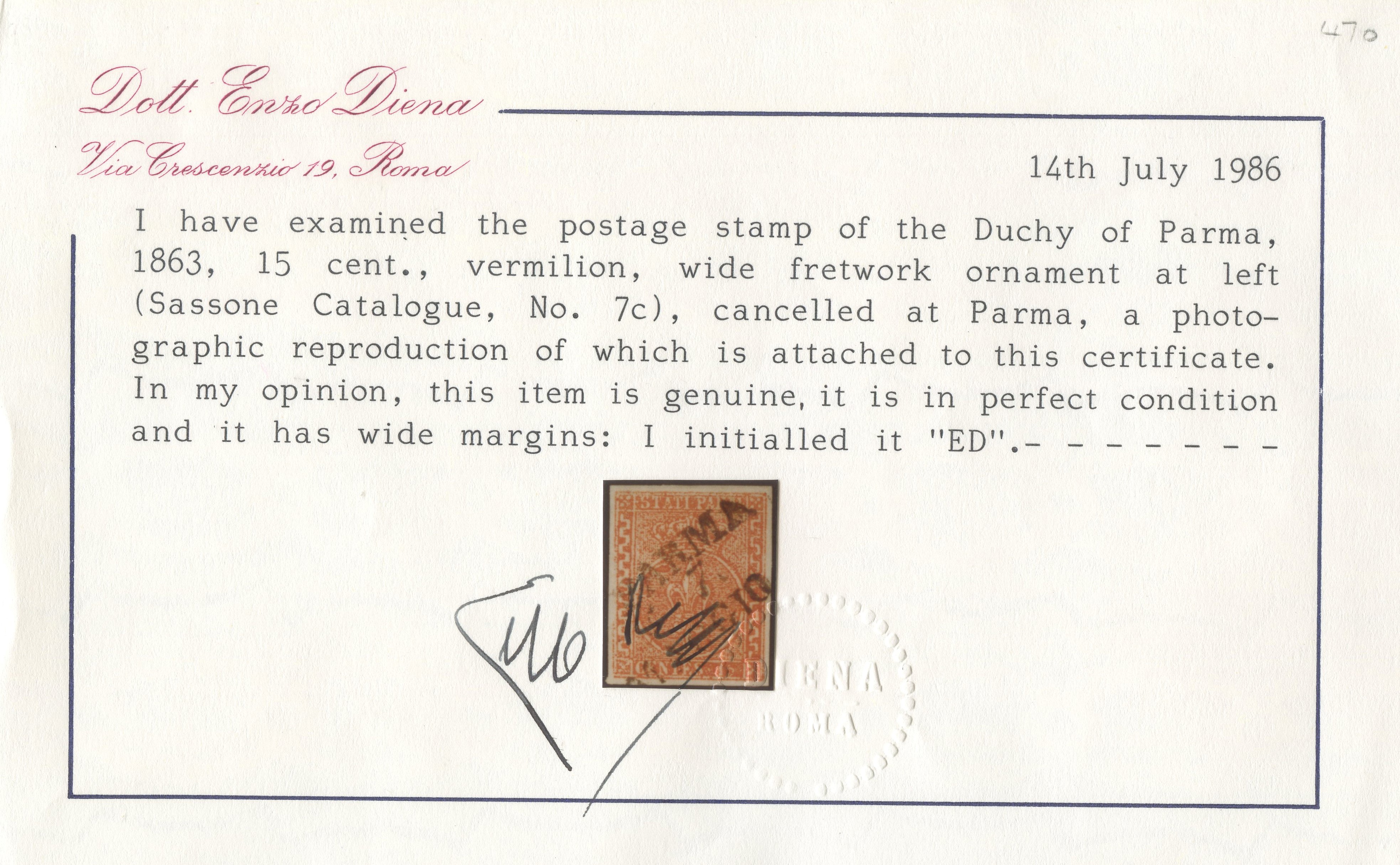 Ducato di Parma, 15 centesimi vermiglio (greca sinistra larga n. 7c), certificazione En. Diena, 1...