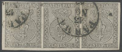Ducato di Parma, 10 centesimi bianco 1852, striscia di tre esemplari