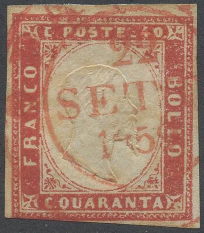 Alberto Diena (cert.), 1859, 40 cent. rosso scarlatto n. 16A — annullamento doppio cerchio grande...