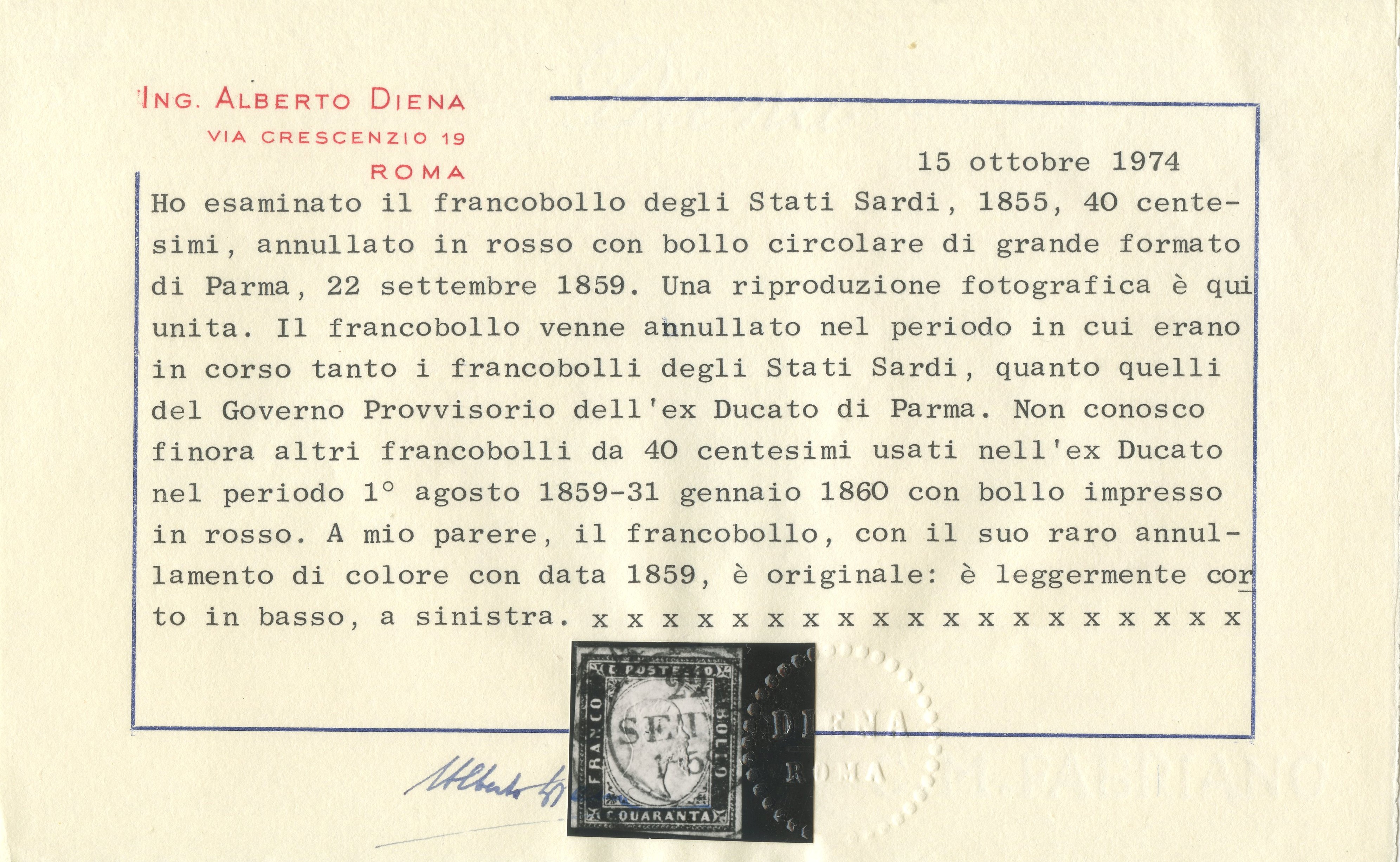 Alberto Diena (cert.), 1859, 40 cent. rosso scarlatto n. 16A — annullamento doppio cerchio grande...