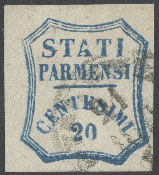 Alberto Diena, Raybaudi, Parma – Governo Provvisorio, 20 cent. azzurro n. 15 con angolo di foglio