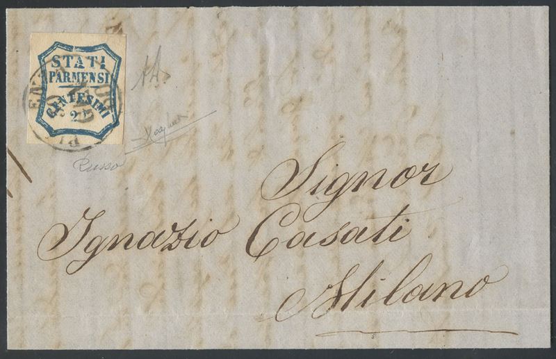 Alberto Diena, Raybaudi, Parma – Gov. Provvisorio, lettera da Piacenza a Milano con affrancatura ...